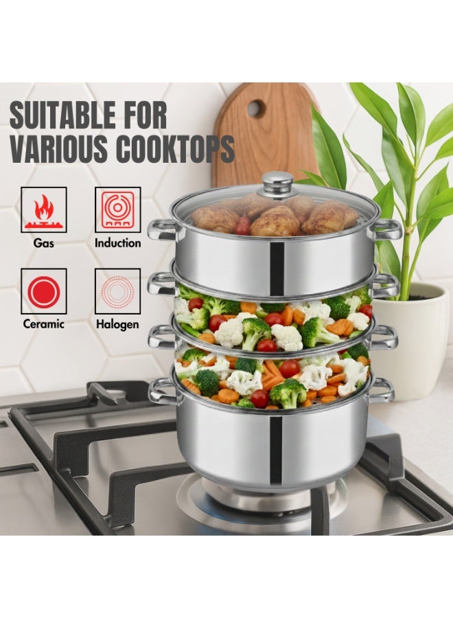 Vinod Stainless Steel 4-Tier Steamer with Glass Lid, 30 cm | 2.5 mm Thick Base | Multi-Purpose Steamer for Momos, Modaks, Vegetables & More | Riveted Handles | Induction & Gas Base - Image 4